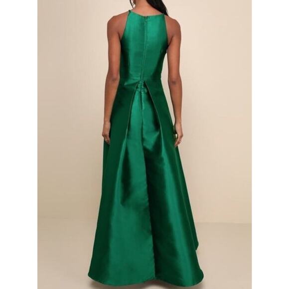 Lulus Emerald Green High-Low Satin Gown XL Halter Formal Maxi Dress - Picture 2 of 12